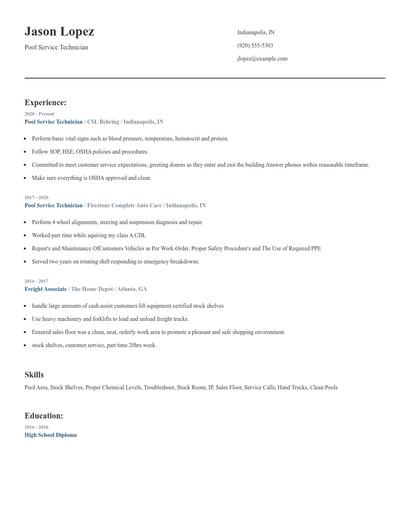 Pool Service Technician Resume
