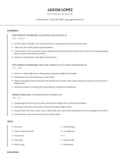 Pool Service Technician Resume