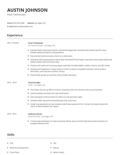 Pool Technician Resume