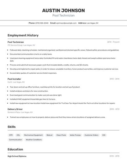 Pool Technician Resume