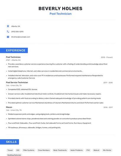Pool Technician Resume