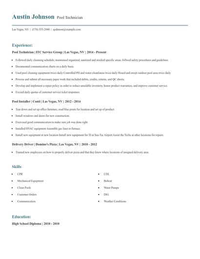 Pool Technician Resume