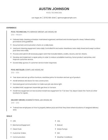 Pool Technician Resume