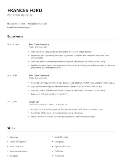 Port Crane Operator Resume