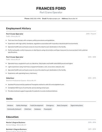 Port Crane Operator Resume