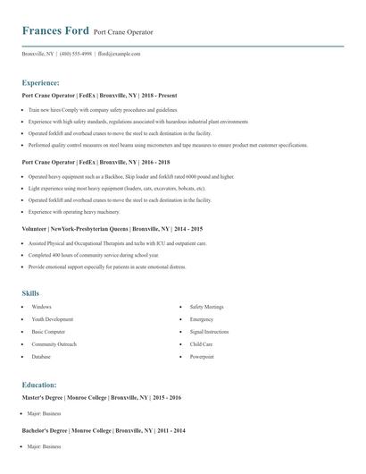 Port Crane Operator Resume