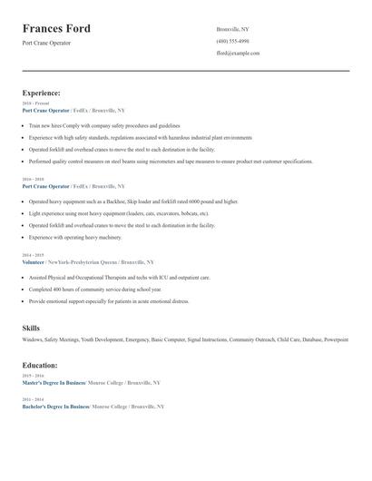 Port Crane Operator Resume