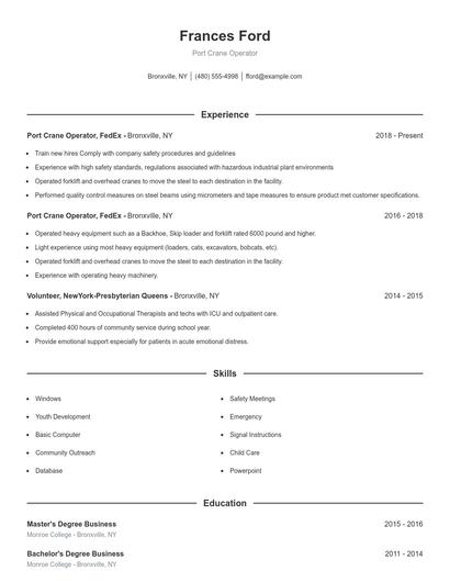 Port Crane Operator Resume