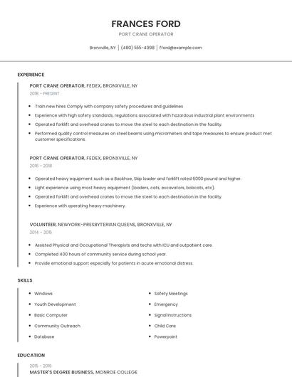 Port Crane Operator Resume