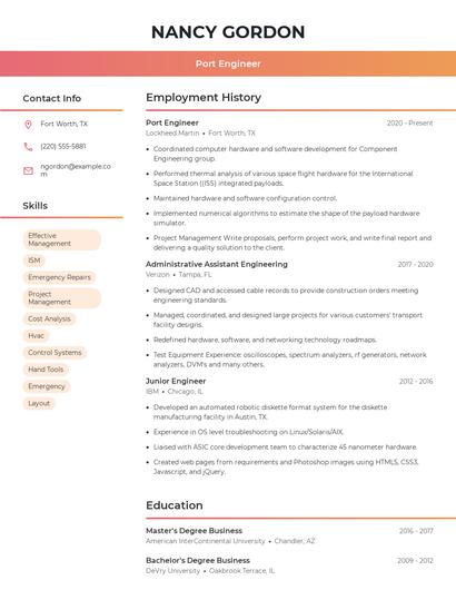 Port Engineer Resume