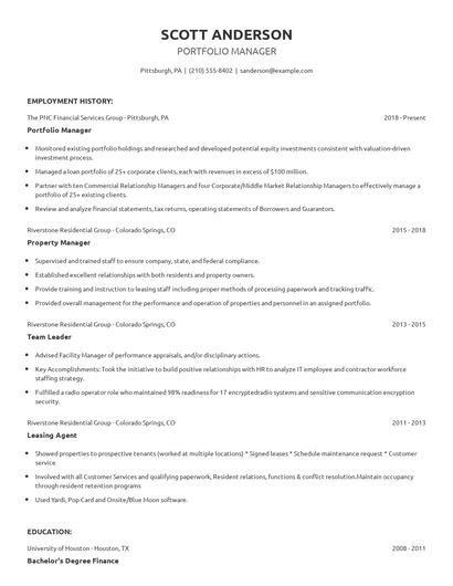Portfolio Manager Resume