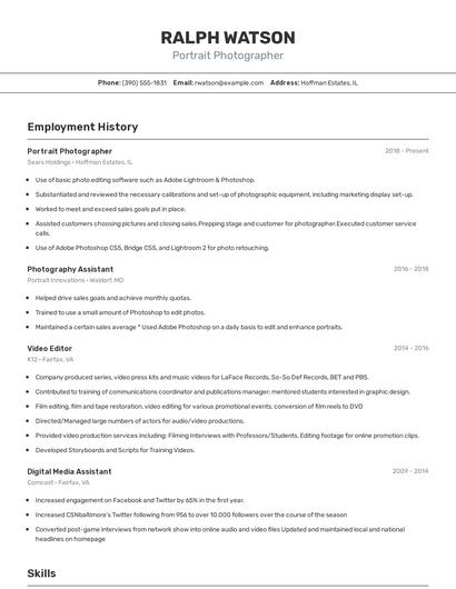Portrait Photographer Resume