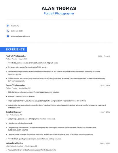 Portrait Photographer Resume