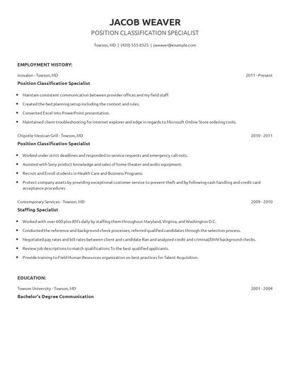 Position Classification Specialist Resume
