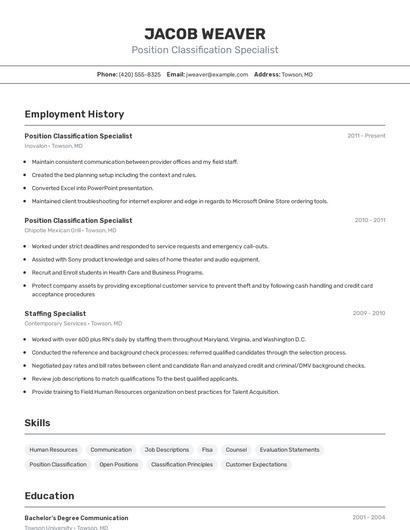 Position Classification Specialist Resume