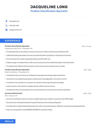 Position Classification Specialist Resume