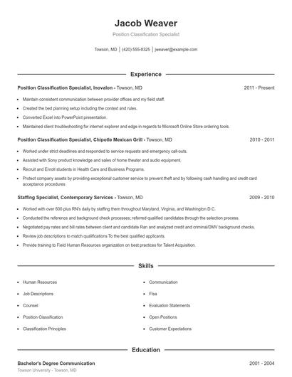 Position Classification Specialist Resume