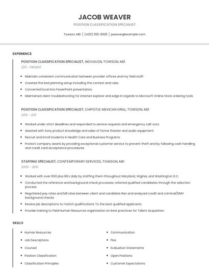 Position Classification Specialist Resume