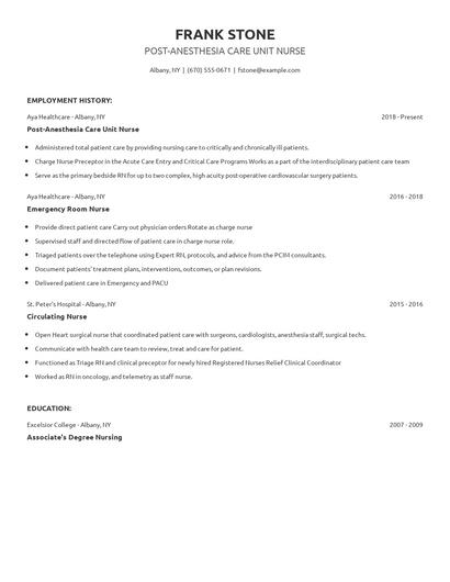 Post-Anesthesia Care Unit Nurse Resume