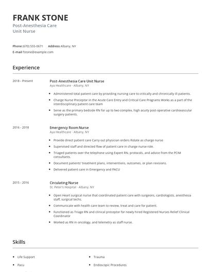 Post-Anesthesia Care Unit Nurse Resume