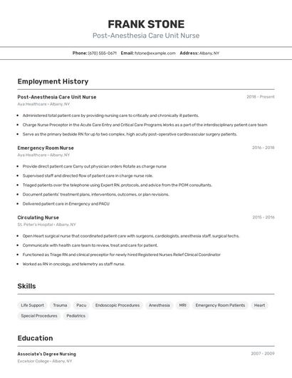Post-Anesthesia Care Unit Nurse Resume