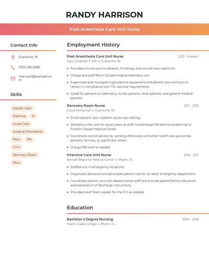 Post-Anesthesia Care Unit Nurse Resume