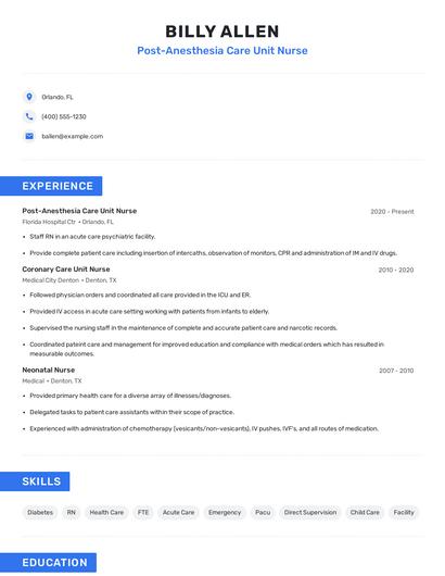 Post-Anesthesia Care Unit Nurse Resume