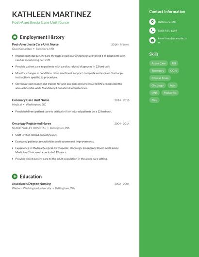 Post-Anesthesia Care Unit Nurse Resume