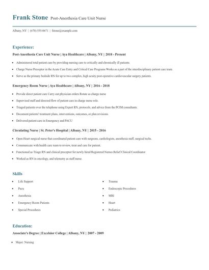 Post-Anesthesia Care Unit Nurse Resume