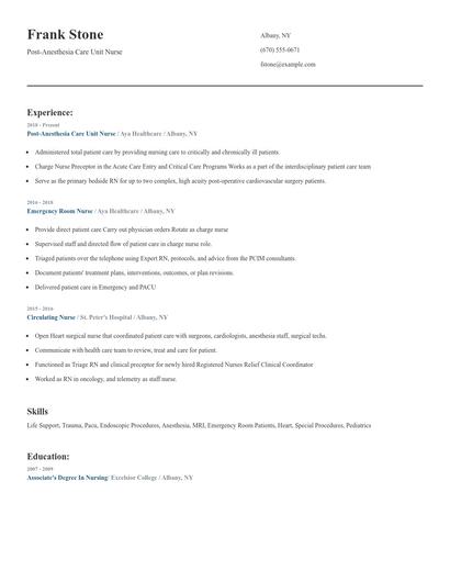 Post-Anesthesia Care Unit Nurse Resume
