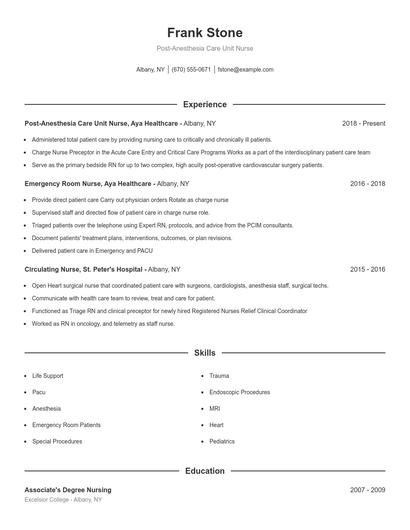 Post-Anesthesia Care Unit Nurse Resume