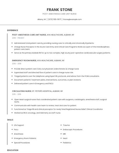 Post-Anesthesia Care Unit Nurse Resume