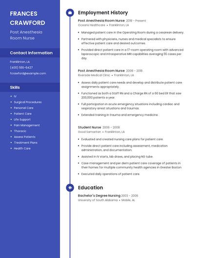 Post Anesthesia Room Nurse Resume
