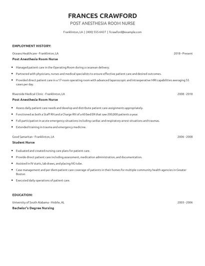Post Anesthesia Room Nurse Resume