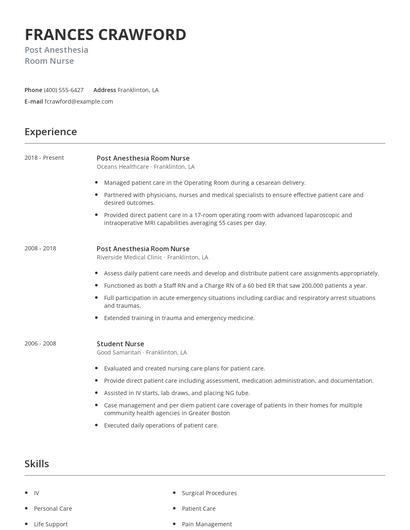 Post Anesthesia Room Nurse Resume