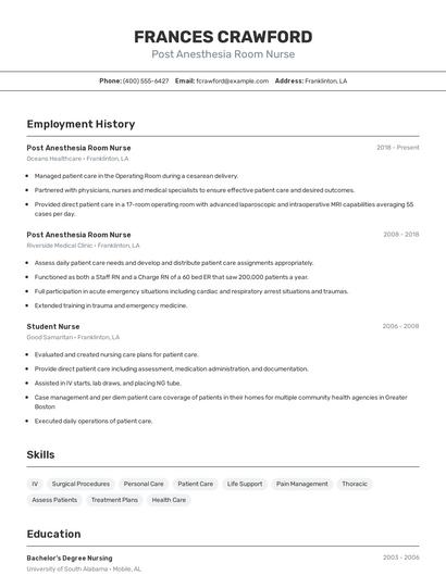 Post Anesthesia Room Nurse Resume