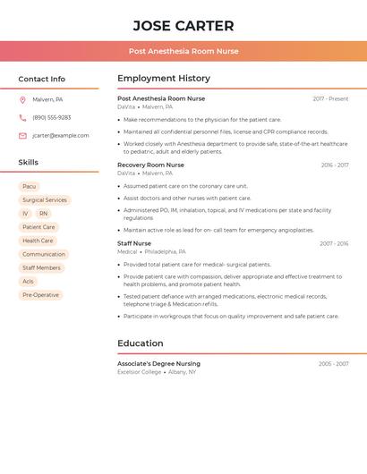 Post Anesthesia Room Nurse Resume