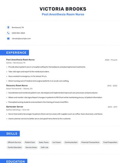 Post Anesthesia Room Nurse Resume