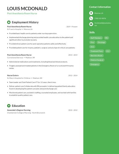 Post Anesthesia Room Nurse Resume