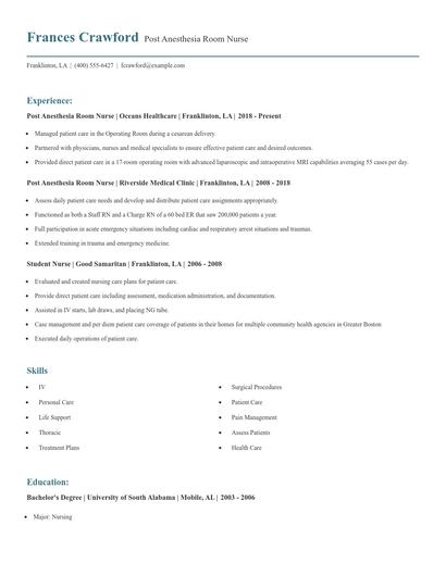 Post Anesthesia Room Nurse Resume