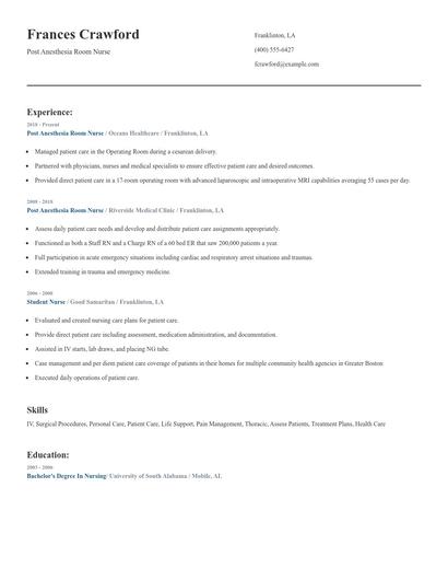 Post Anesthesia Room Nurse Resume