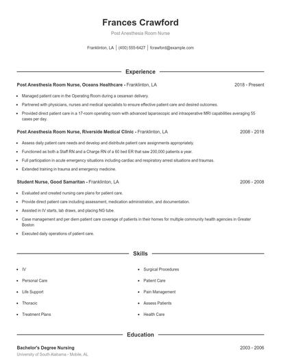 Post Anesthesia Room Nurse Resume