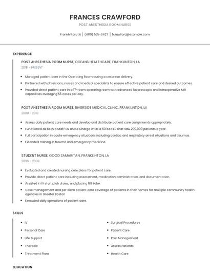 Post Anesthesia Room Nurse Resume