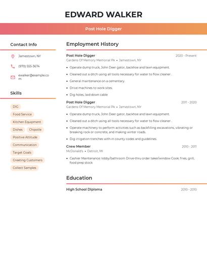 Post Hole Digger Resume