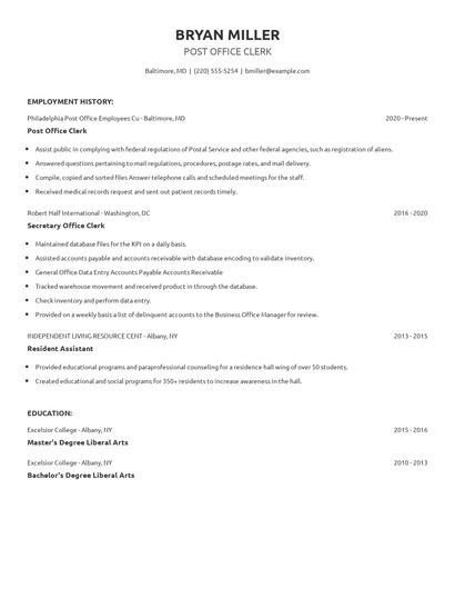 Post Office Clerk Resume