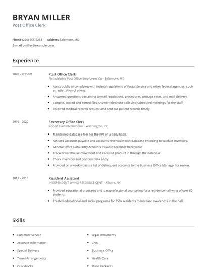 Post Office Clerk Resume