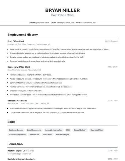 Post Office Clerk Resume