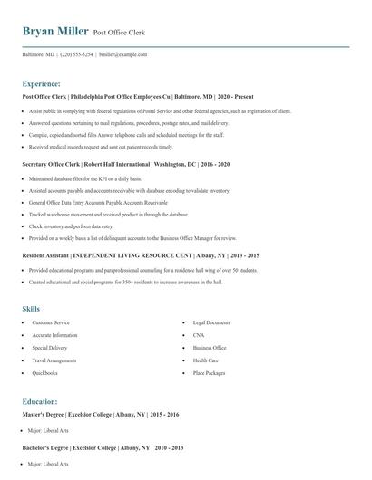 Post Office Clerk Resume