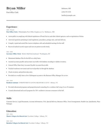 Post Office Clerk Resume