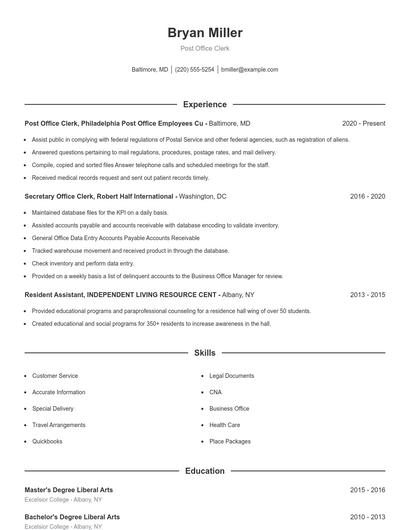 Post Office Clerk Resume